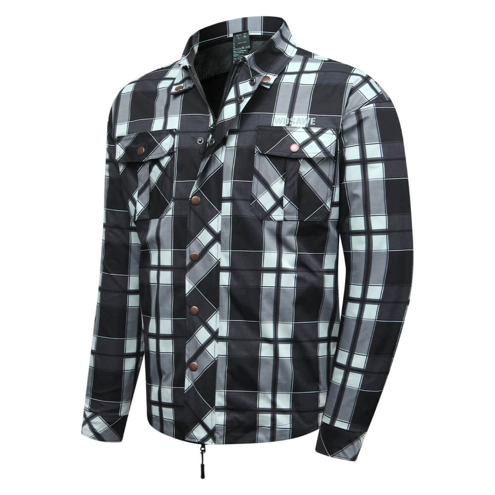 Retro Motorrad Hemdjacke Herren Kariert – Herbst Biker Jacke mit Protektorentaschen