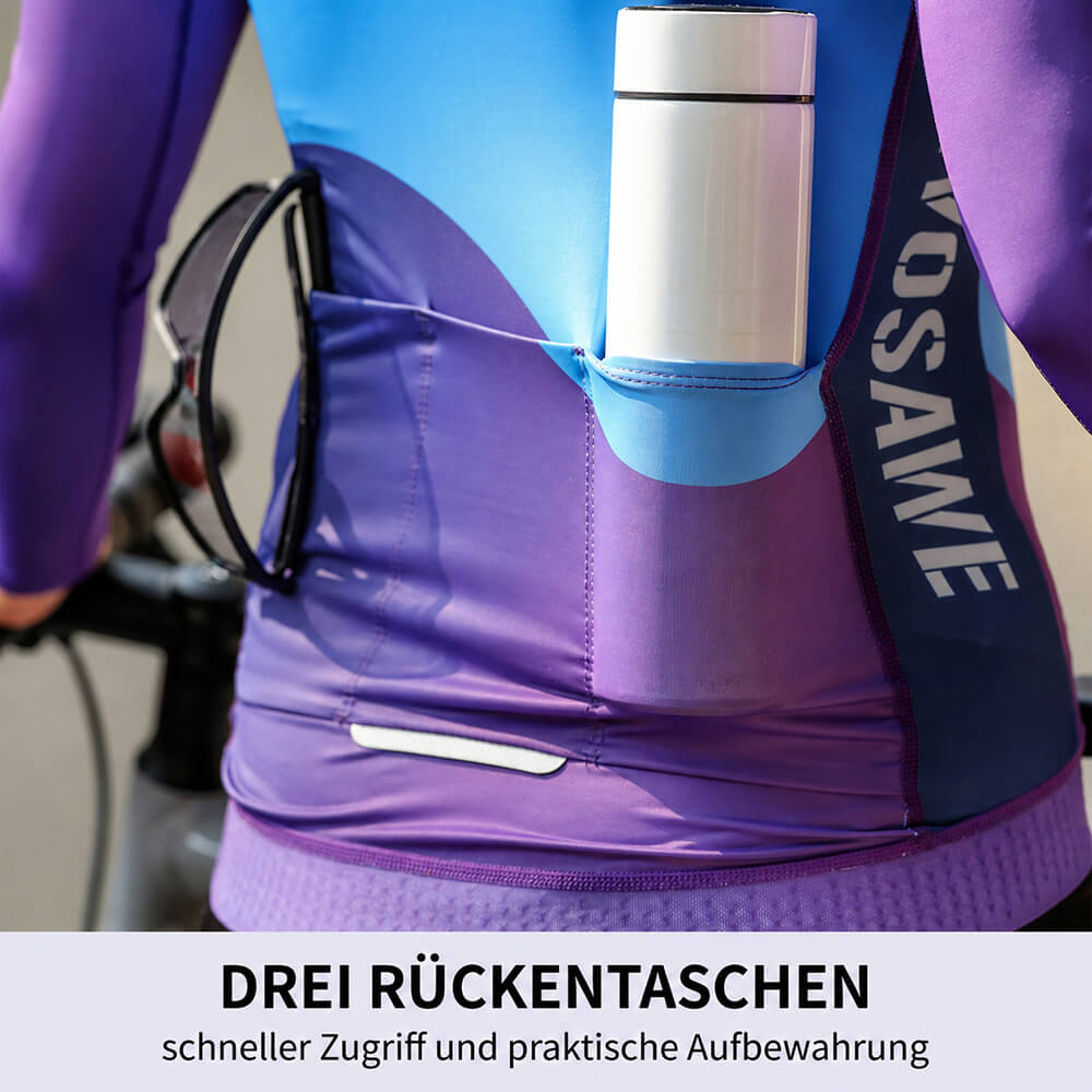Damen Fahrradtrikot Langarm – Atmungsaktives Radtrikot mit 3 Rückentaschen