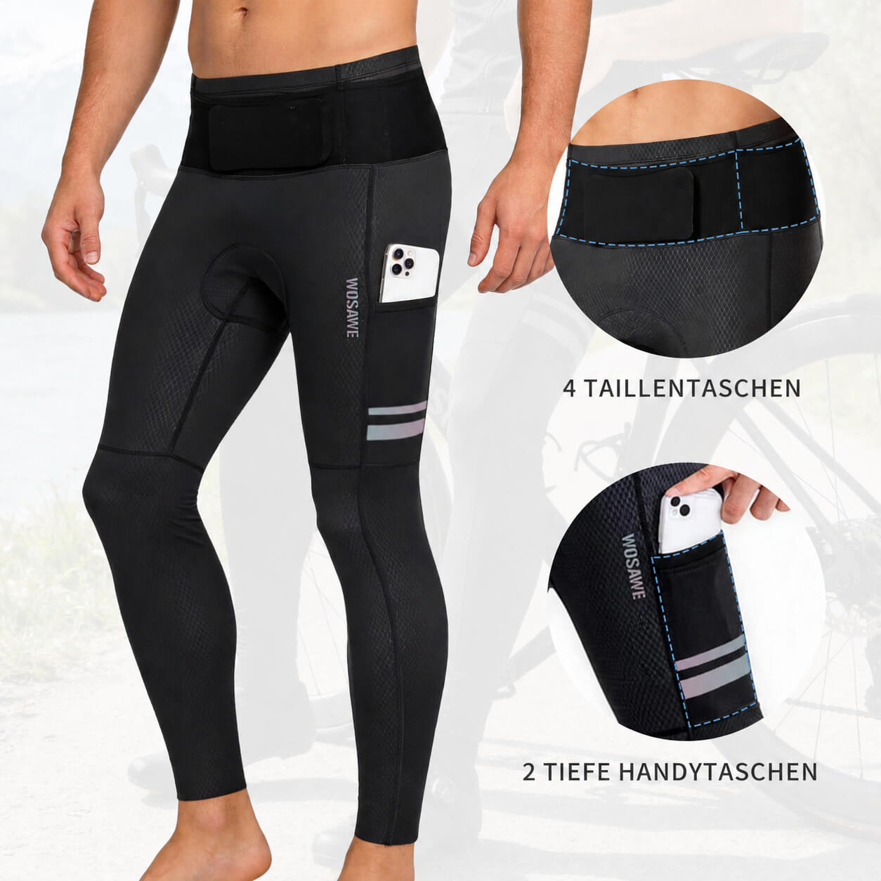 Fahrradhose Lang Herren– Atmungsaktiv mit 4D Sitzpolster & Seitentaschen