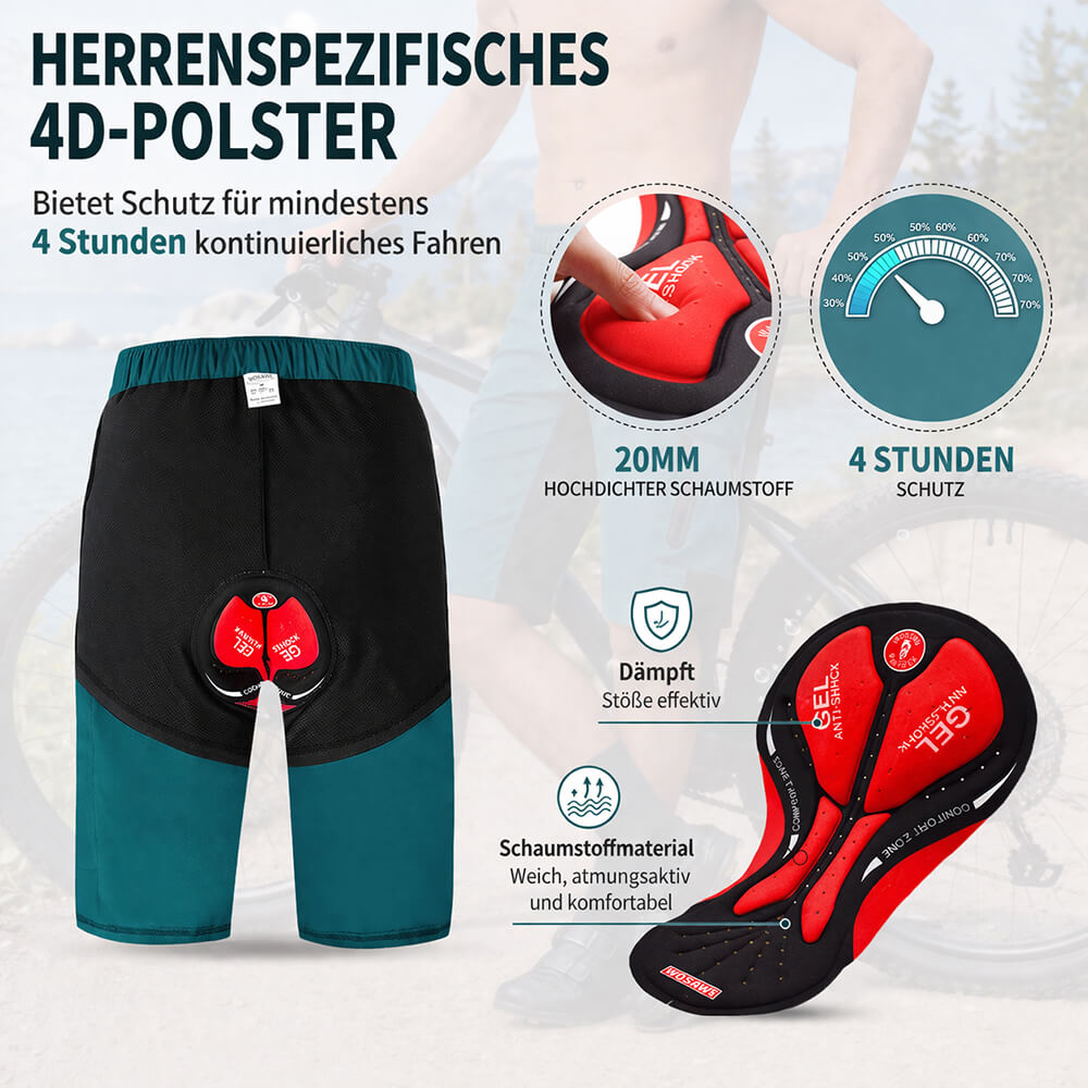 Herren MTB Fahrradhose mit integriertem Sitzpolster – Schnell trocknend, Lockerer Schnitt, Mehrere Taschen