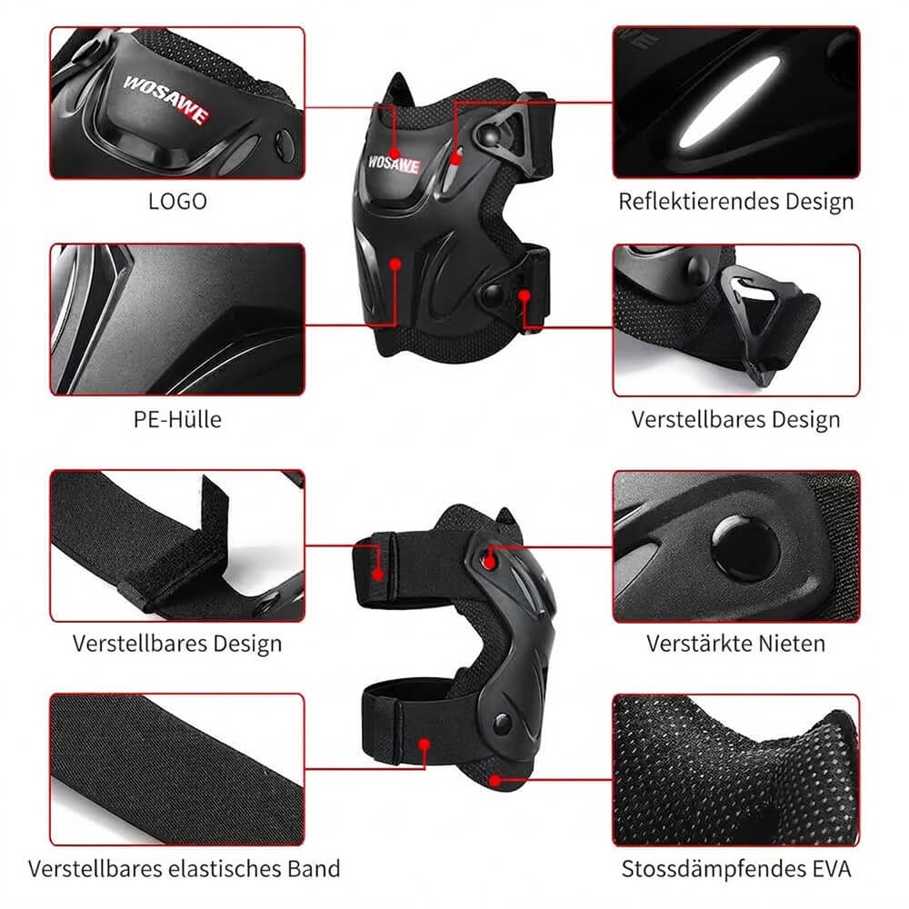 Motorrad Protektoren Set Knie & Ellbogen, PE-Hartschale, EVA, Verstellbar, Schwarz