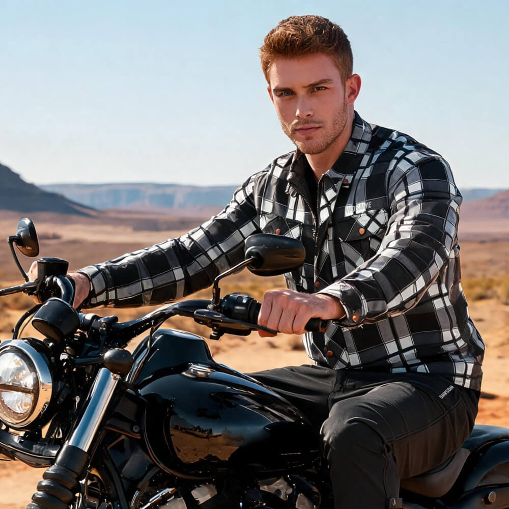 Retro Motorrad Hemdjacke Herren Kariert – Herbst Biker Jacke mit Protektorentaschen