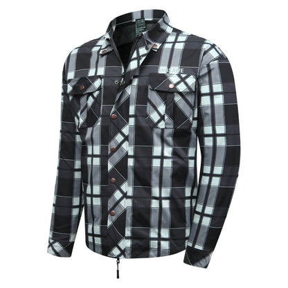 Retro Motorrad Hemdjacke Herren Kariert – Herbst Biker Jacke mit Protektorentaschen