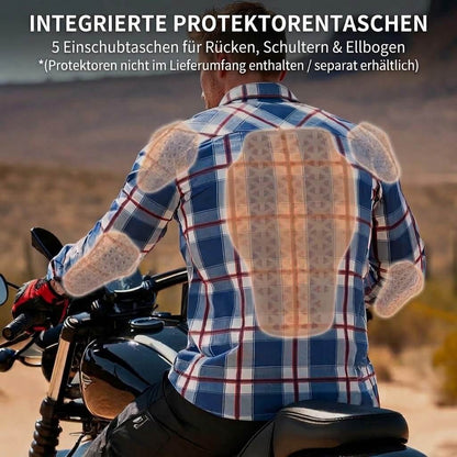 Retro Motorrad Hemdjacke Herren Kariert – Herbst Biker Jacke mit Protektorentaschen