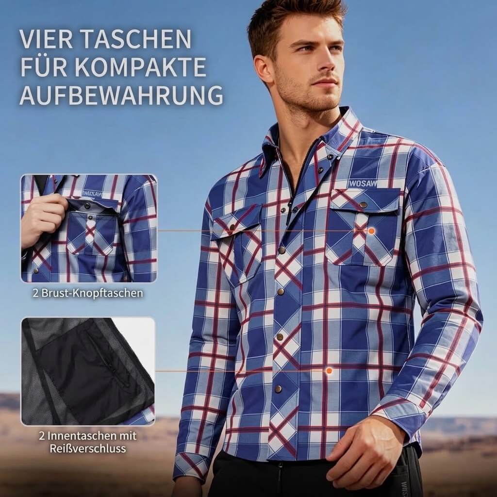 Retro Motorrad Hemdjacke Herren Kariert – Herbst Biker Jacke mit Protektorentaschen